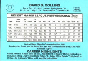 1986 Donruss #218 Dave Collins Back