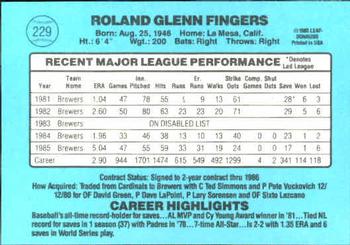 1986 Donruss #229 Rollie Fingers Back