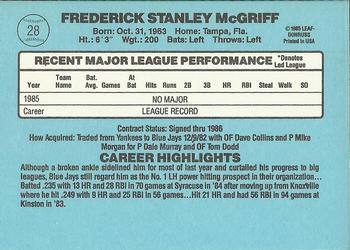1986 Donruss #28 Fred McGriff Back