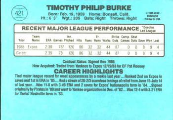 1986 Donruss #421 Tim Burke Back