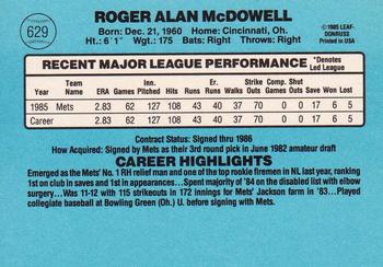 1986 Donruss #629 Roger McDowell Back