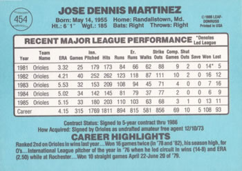 1986 Donruss #454 Dennis Martinez Back