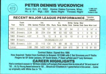 1986 Donruss #473 Pete Vuckovich Back