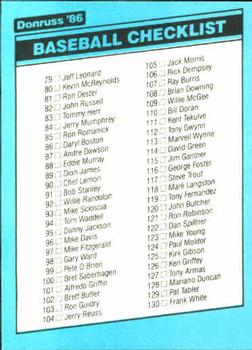 1986 Donruss #1 Checklist: 27-130 Back