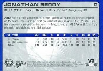 2001 Multi-Ad Vero Beach Dodgers #1 Jonathan Berry Back