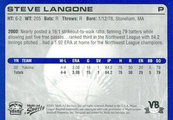 2001 Multi-Ad Vero Beach Dodgers #6 Steve Langone Back