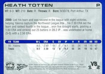 2001 Multi-Ad Vero Beach Dodgers #13 Heath Totten Back