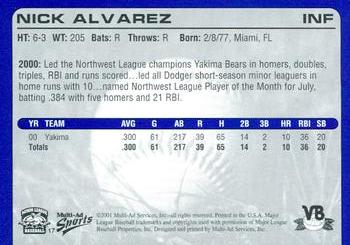 2001 Multi-Ad Vero Beach Dodgers #17 Nick Alvarez Back