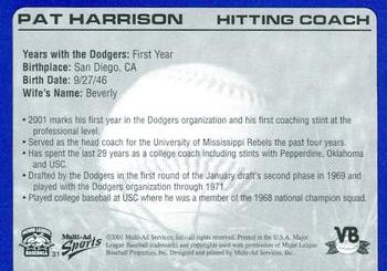 2001 Multi-Ad Vero Beach Dodgers #31 Pat Harrison Back