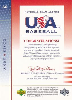 2005 Upper Deck USA Baseball 2004 National Team - National Team Alumni Signatures Black #AS Andy Sisco Back