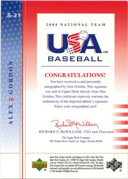 2005 Upper Deck USA Baseball 2004 National Team - 2004 Team USA Signatures Black #S-21 Alex Gordon Back