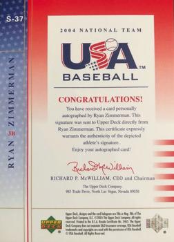 2005 Upper Deck USA Baseball 2004 National Team - 2004 Team USA Signatures Black #S-37 Ryan Zimmerman Back