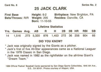1989 San Diego Padres #6 Jack Clark Back