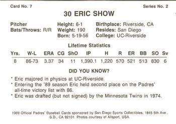 1989 San Diego Padres #7 Eric Show Back