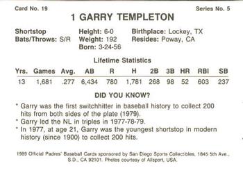 1989 San Diego Padres #19 Garry Templeton Back