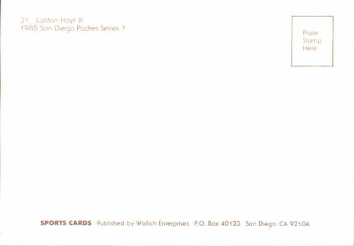 1985 Wallich Enterprises San Diego Padres Postcards #NNO LaMarr Hoyt Back