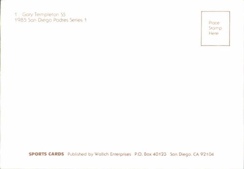 1985 Wallich Enterprises San Diego Padres Postcards #NNO Garry Templeton Back