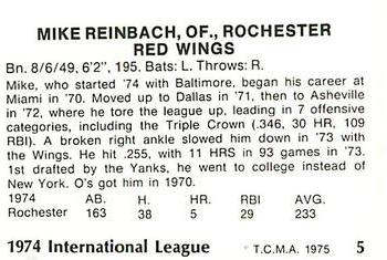 1975 TCMA International League All-Stars #5 Mike Reinbach Back