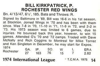 1975 TCMA International League All-Stars #14 Bill Kirkpatrick Back