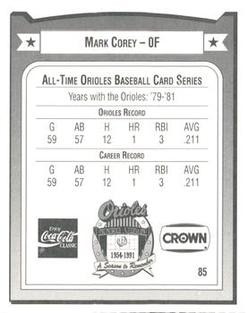 1991 Crown/Coca-Cola Baltimore Orioles #85 Mark Corey Back