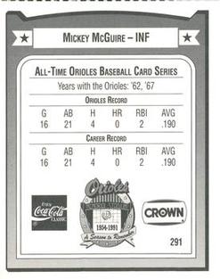 1991 Crown/Coca-Cola Baltimore Orioles #291 Mickey McGuire Back