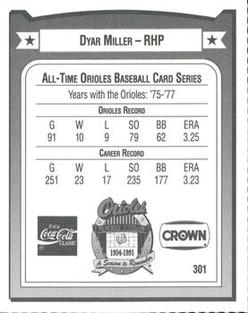 1991 Crown/Coca-Cola Baltimore Orioles #301 Dyar Miller Back