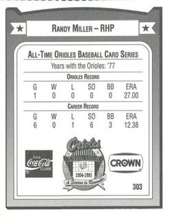 1991 Crown/Coca-Cola Baltimore Orioles #303 Randy Miller Back