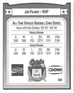 1991 Crown/Coca-Cola Baltimore Orioles #349 Jim Palmer Back