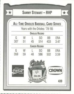 1991 Crown/Coca-Cola Baltimore Orioles #439 Sammy Stewart Back