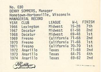 1975 TCMA Lafayette Drillers #30 Denny Sommers Back