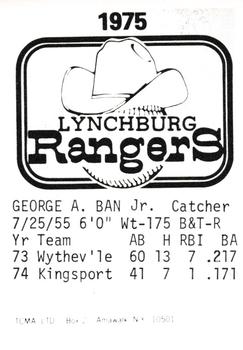 1975 TCMA Lynchburg Rangers #NNO George Ban Back