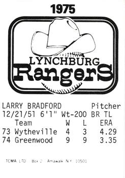 1975 TCMA Lynchburg Rangers #NNO Larry Bradford Back