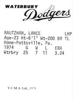 1975 TCMA Waterbury Dodgers #NNO Lance Rautzhan Back
