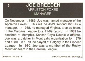 1990 Boxscores Appleton Foxes #5 Joe Breeden Back
