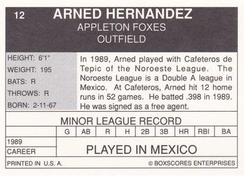 1990 Boxscores Appleton Foxes #12 Arned Hernandez Back