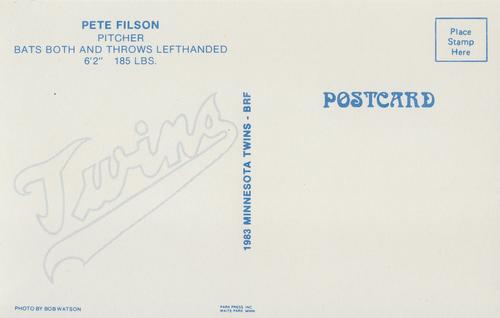 1983 Minnesota Twins Postcards #NNO Pete Filson Back