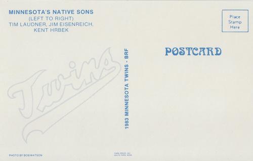 1983 Minnesota Twins Postcards #NNO Native Sons: Tim Laudner / Jim Eisenreich / Kent Hrbek Back