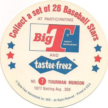 1978 Big T/Tastee-Freez Discs #7 Thurman Munson Back