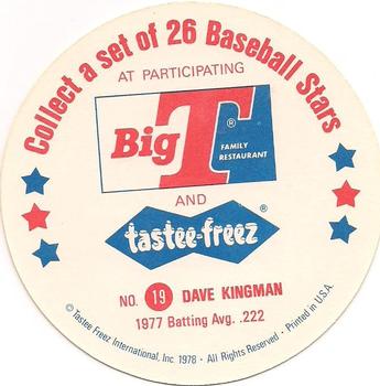 1978 Big T/Tastee-Freez Discs #19 Dave Kingman Back