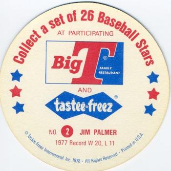 1978 Big T/Tastee-Freez Discs #2 Jim Palmer Back