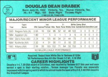 1986 Donruss The Rookies #31 Doug Drabek Back
