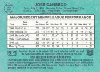 1986 Donruss The Rookies #22 Jose Canseco Back