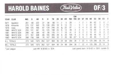 1984 True Value Chicago White Sox #NNO Harold Baines Back