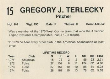 1975 7-Eleven Tulsa Oilers #15 Greg Terlecky Back