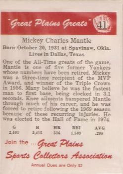 1975 Sheraton Great Plains Greats #41 Mickey Mantle Back
