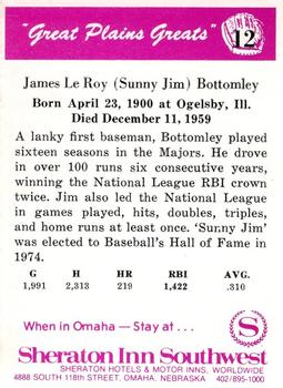 1975 Sheraton Great Plains Greats #12 Jim Bottomley Back