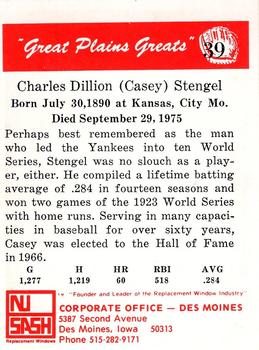 1975 Sheraton Great Plains Greats #39 Casey Stengel Back