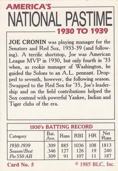 1985 Big League Collectibles America's National Pastime #5 Joe Cronin Back