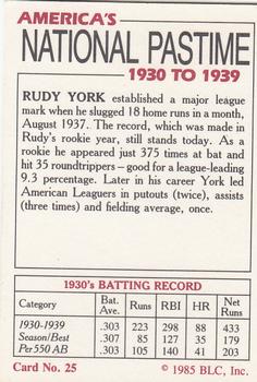 1985 Big League Collectibles America's National Pastime #25 Rudy York Back