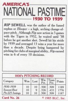 1985 Big League Collectibles America's National Pastime #26 Truett Rip Sewell Back